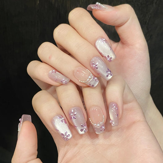 10pcs Handmade Purple Cat Eye Press on Nails Summer Flowers Pearl Design Fake Nails Wearable Detachable Glitter False Nail Tips