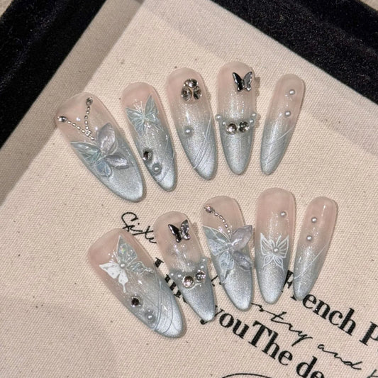 Glitter Cat's Eye Fake Nails Long Almond Gradient  Blue Handmade Press On Nails With Butterfiy Designs Gentle Wearable Manicure