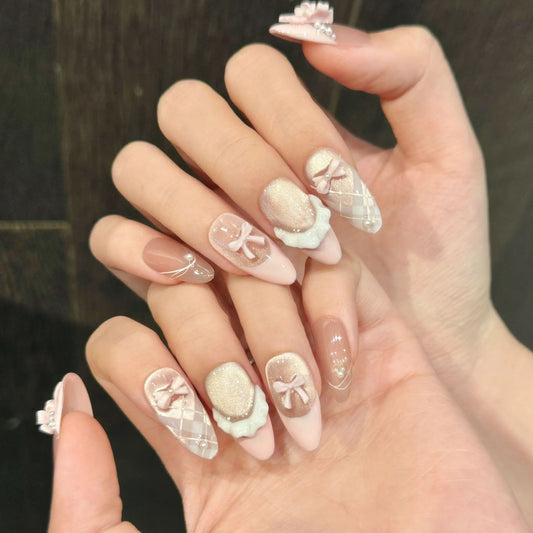 10pcs Handmade Press on Nails French Cat Eye Pink Bow Decor Korean False Nails Wearable Full Cover Ins Almond False Nail Tips