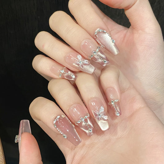 10pcs Handmade Press on Nails Pink Butterfly Design Fake Nails Wearable Reusable Glitter Cat Eye Sweet Korean False Nail Tips
