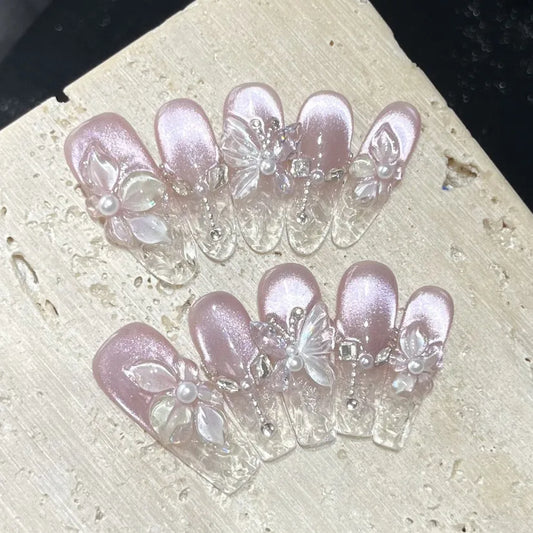 Spring 3D Bauhinia Flower Handmade Press On Nails Glitter Purple Pink Cat Eye Fake Nails Pearl Butterfly Petal Oval Nail Art