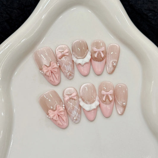 10pcs Handmade Press on Nails French Cat Eye Pink Bow Decor Korean False Nails Wearable Full Cover Ins Almond False Nail Tips