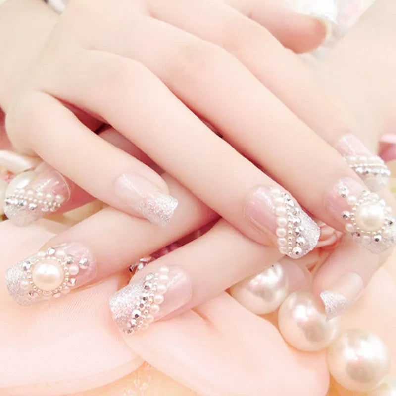 24PCS/Sets Wedding Bride Fake Nails Glitter Crystal Pearl Rhinestone Nail Patch Full Nail Tips Fingernail Women Nail Art Tips