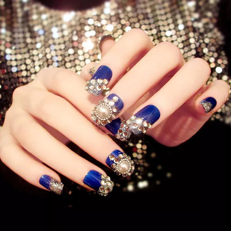 24PCS/Sets Wedding Bride Fake Nails Glitter Crystal Pearl Rhinestone Nail Patch Full Nail Tips Fingernail Women Nail Art Tips