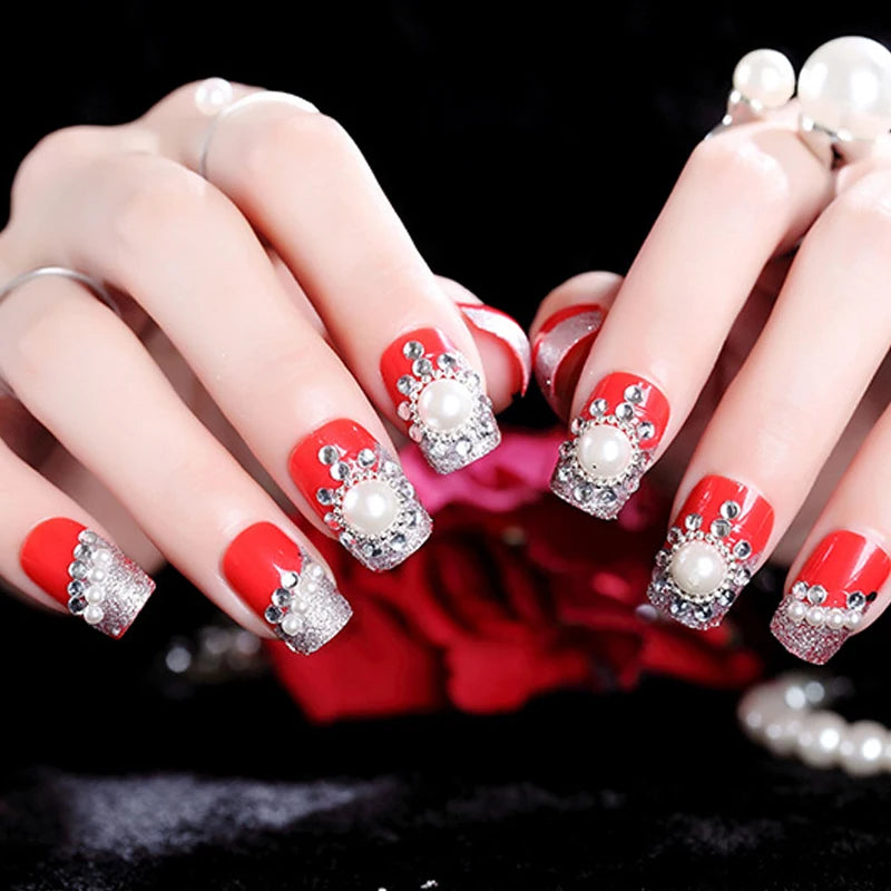24PCS/Sets Wedding Bride Fake Nails Glitter Crystal Pearl Rhinestone Nail Patch Full Nail Tips Fingernail Women Nail Art Tips