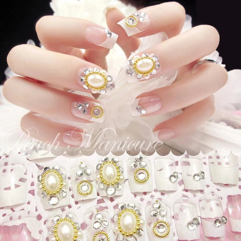 24PCS/Sets Wedding Bride Fake Nails Glitter Crystal Pearl Rhinestone Nail Patch Full Nail Tips Fingernail Women Nail Art Tips