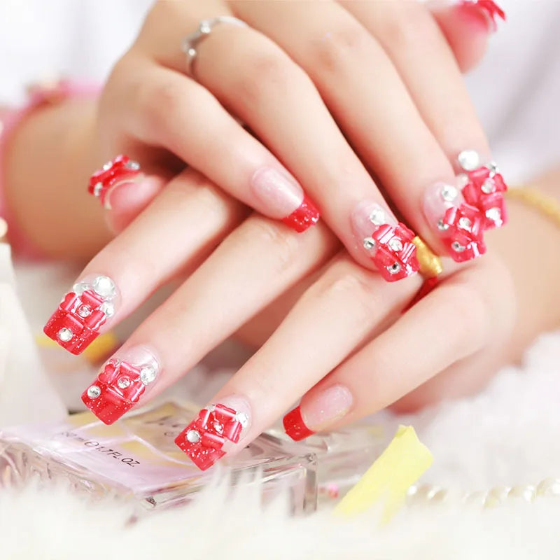 24PCS/Sets Wedding Bride Fake Nails Glitter Crystal Pearl Rhinestone Nail Patch Full Nail Tips Fingernail Women Nail Art Tips