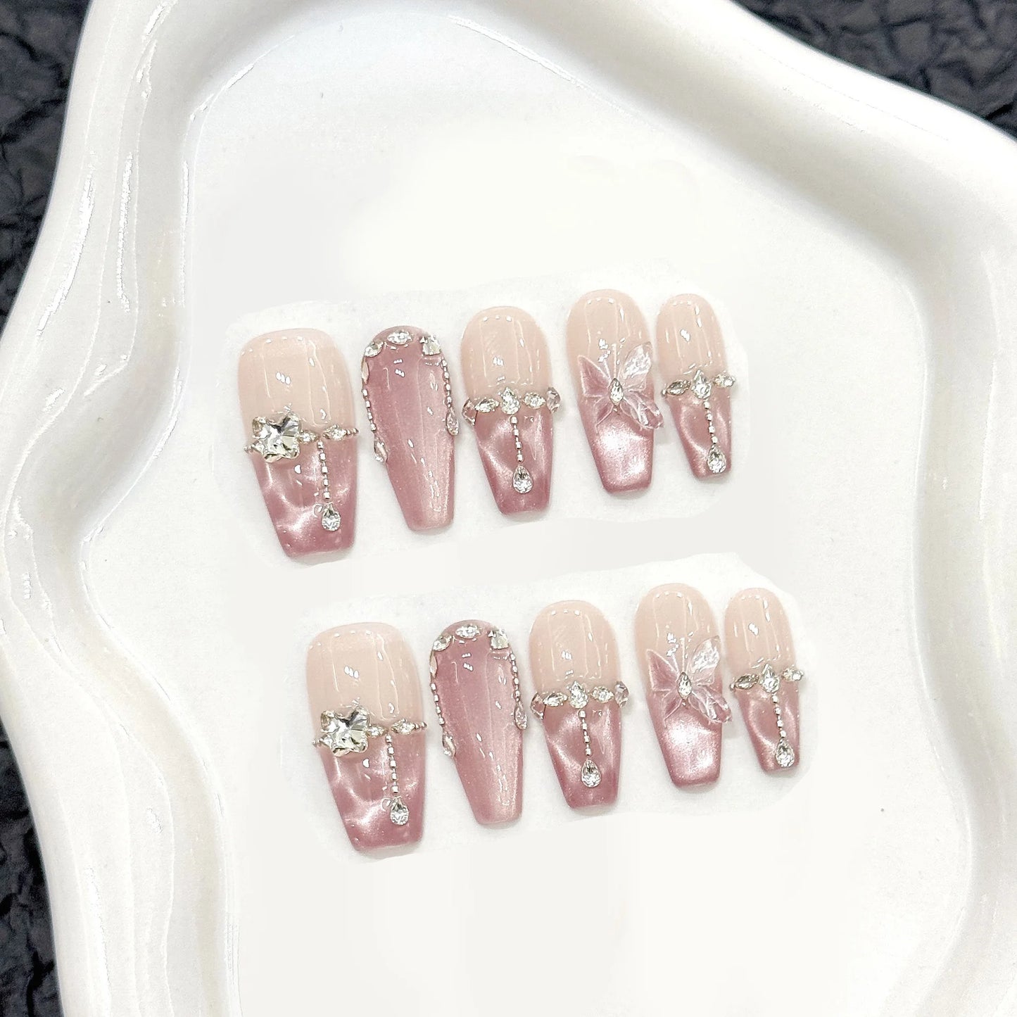 10pcs Handmade Press on Nails Pink Butterfly Design Fake Nails Wearable Reusable Glitter Cat Eye Sweet Korean False Nail Tips
