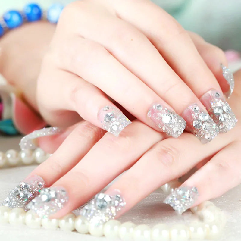 24PCS/Sets Wedding Bride Fake Nails Glitter Crystal Pearl Rhinestone Nail Patch Full Nail Tips Fingernail Women Nail Art Tips