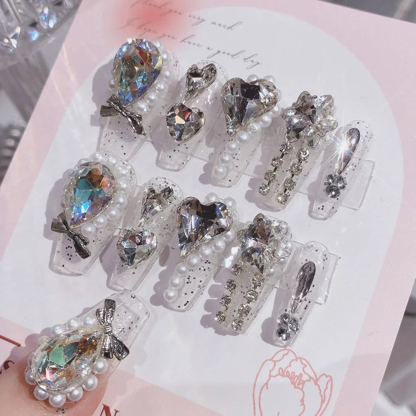24PCS/Sets Wedding Bride Fake Nails Glitter Crystal Pearl Rhinestone Nail Patch Full Nail Tips Fingernail Women Nail Art Tips