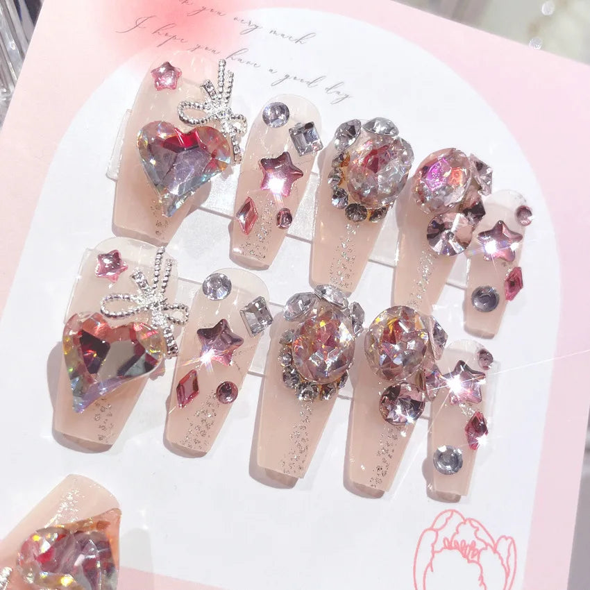 24PCS/Sets Wedding Bride Fake Nails Glitter Crystal Pearl Rhinestone Nail Patch Full Nail Tips Fingernail Women Nail Art Tips
