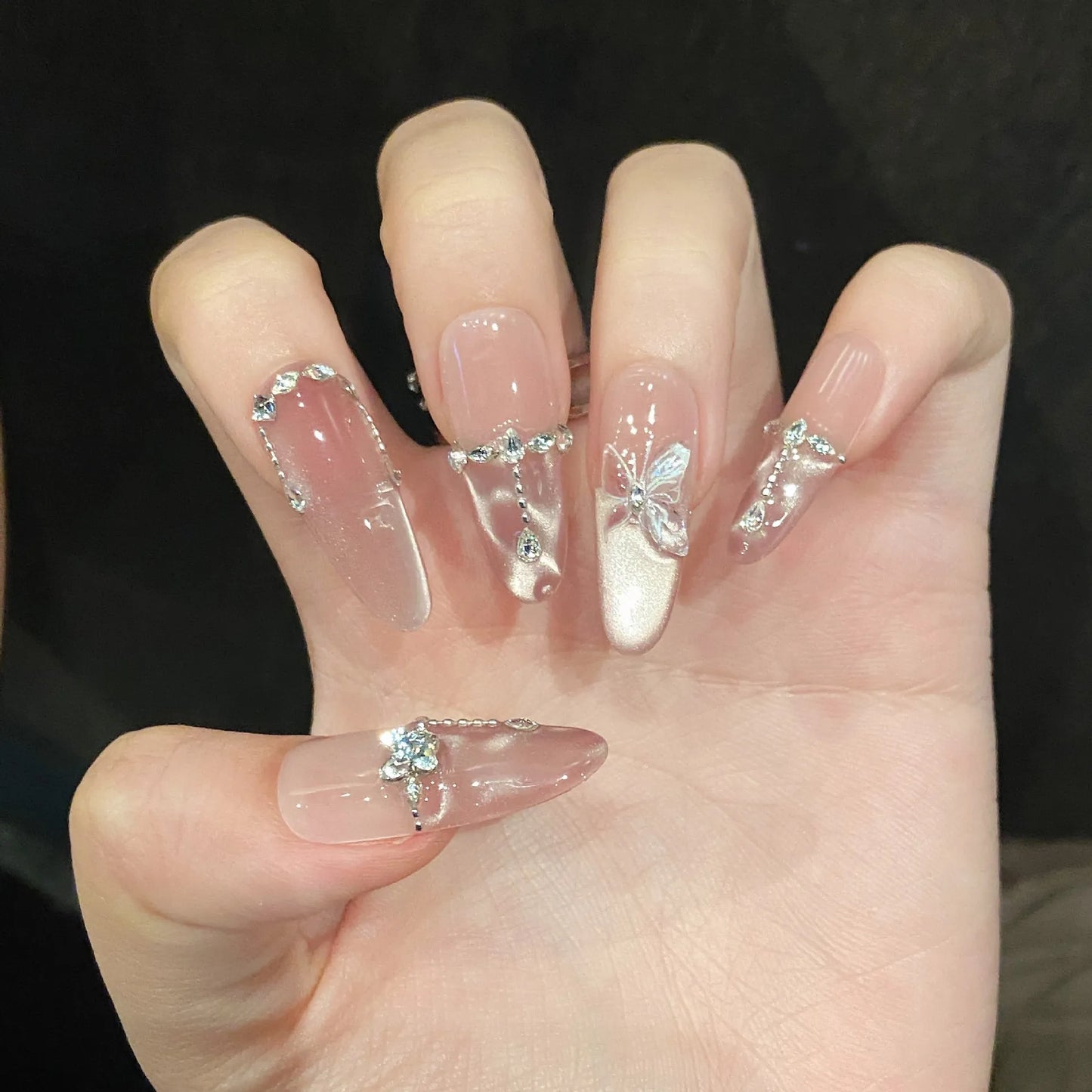 10pcs Handmade Press on Nails Pink Butterfly Design Fake Nails Wearable Reusable Glitter Cat Eye Sweet Korean False Nail Tips