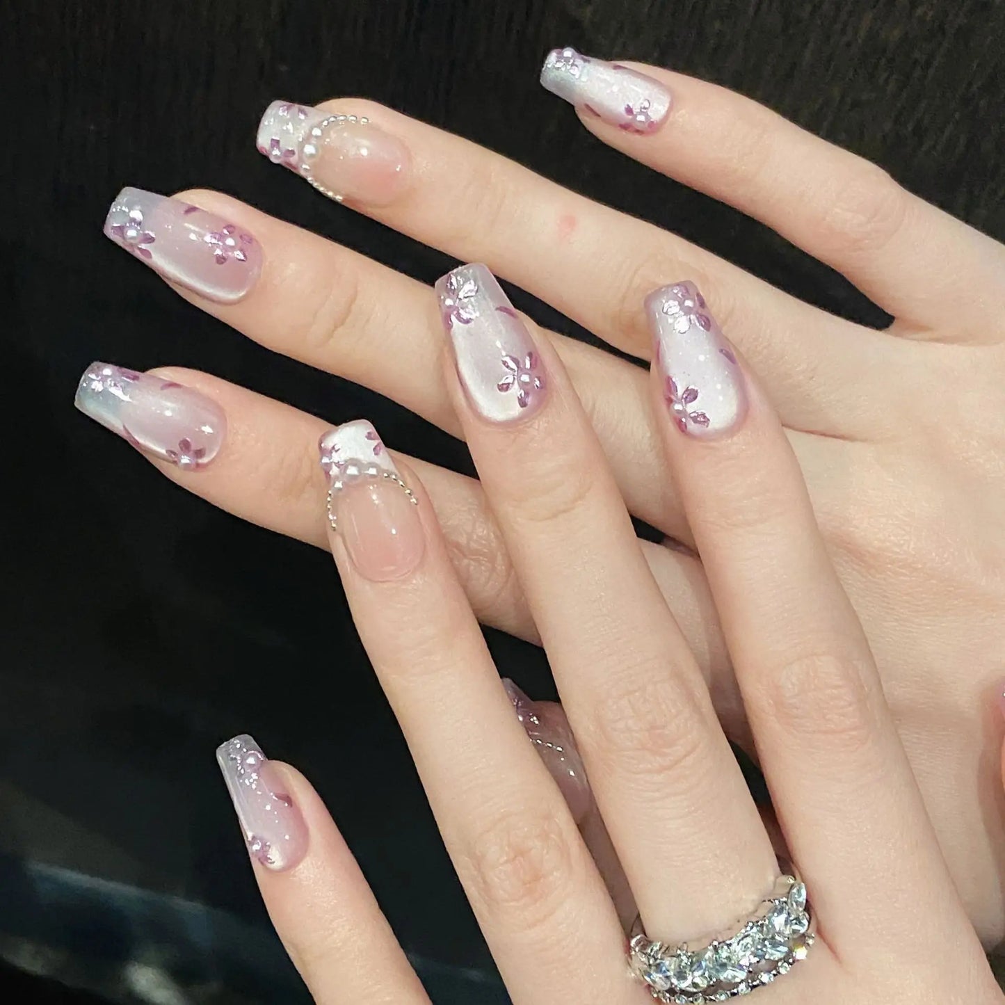 10pcs Handmade Purple Cat Eye Press on Nails Summer Flowers Pearl Design Fake Nails Wearable Detachable Glitter False Nail Tips