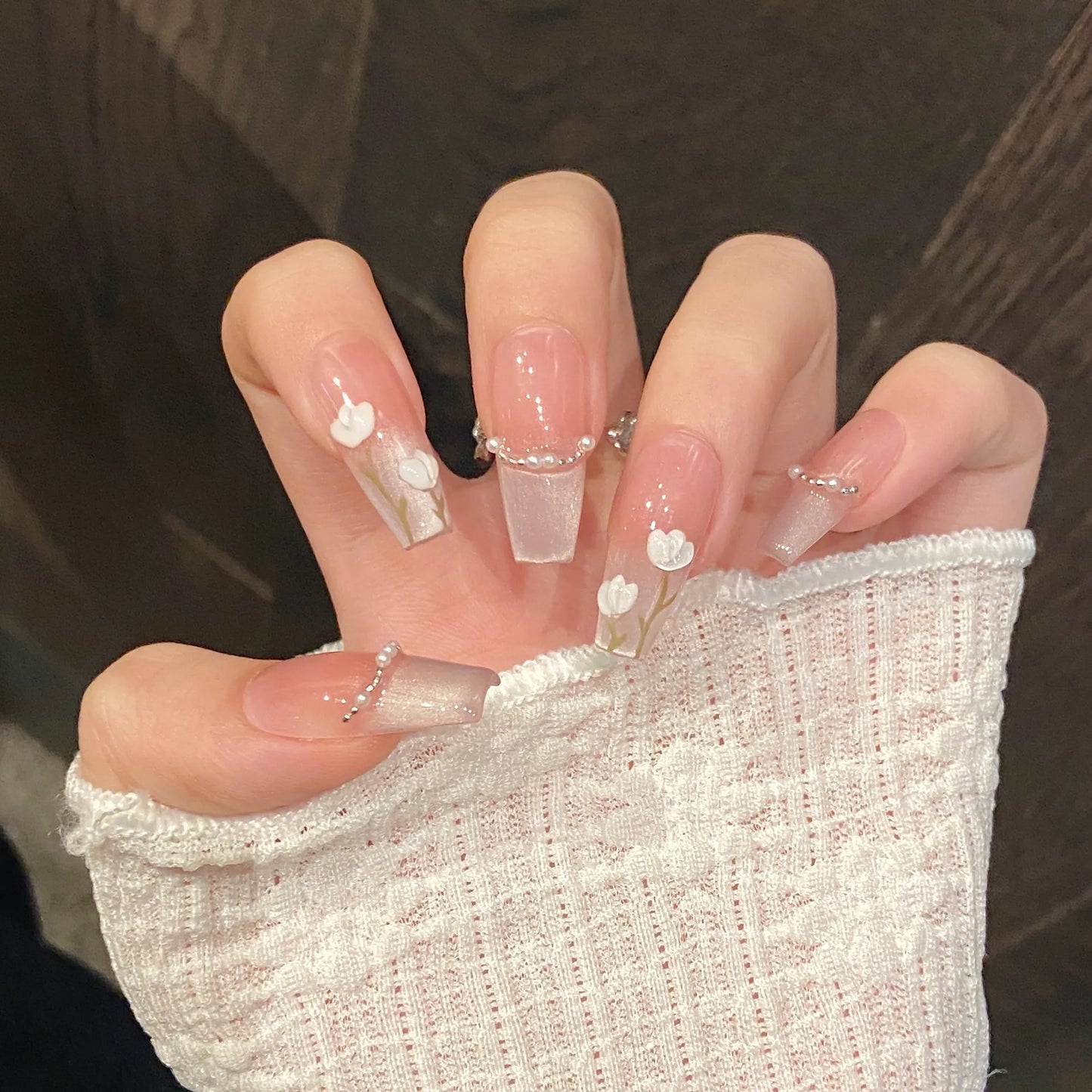10pcs Hand-painted Tulip Fake Nail Patches Sweet Pink Pearl Cat's Eye Handmade Press On Nails Ins Simple False Nail For Summer