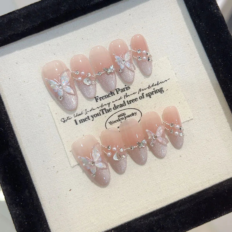 10Pcs Short Handmade Press on Nails Full Cover Rhinestone Fake Nails Gentle Design Artificial Wearable Manicure Nail Tips Autumn