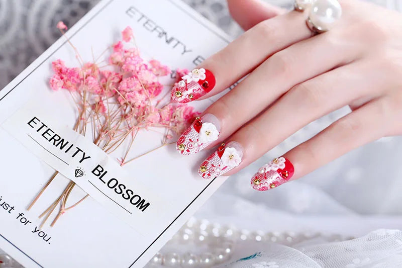 24PCS/Sets Wedding Bride Fake Nails Glitter Crystal Pearl Rhinestone Nail Patch Full Nail Tips Fingernail Women Nail Art Tips