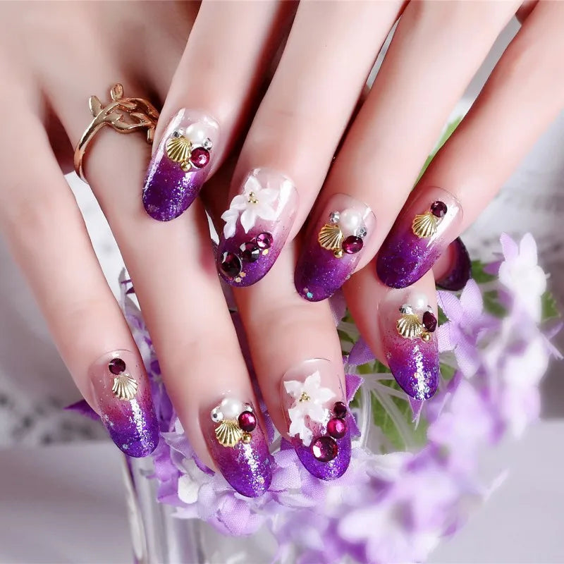 24PCS/Sets Wedding Bride Fake Nails Glitter Crystal Pearl Rhinestone Nail Patch Full Nail Tips Fingernail Women Nail Art Tips