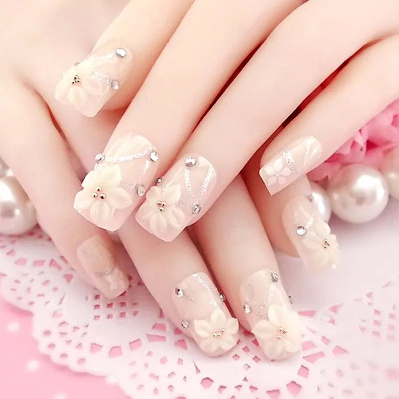 24PCS/Sets Wedding Bride Fake Nails Glitter Crystal Pearl Rhinestone Nail Patch Full Nail Tips Fingernail Women Nail Art Tips