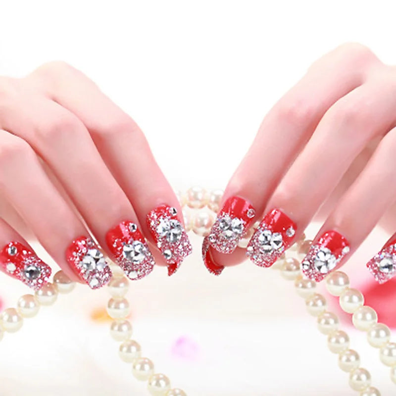 24PCS/Sets Wedding Bride Fake Nails Glitter Crystal Pearl Rhinestone Nail Patch Full Nail Tips Fingernail Women Nail Art Tips