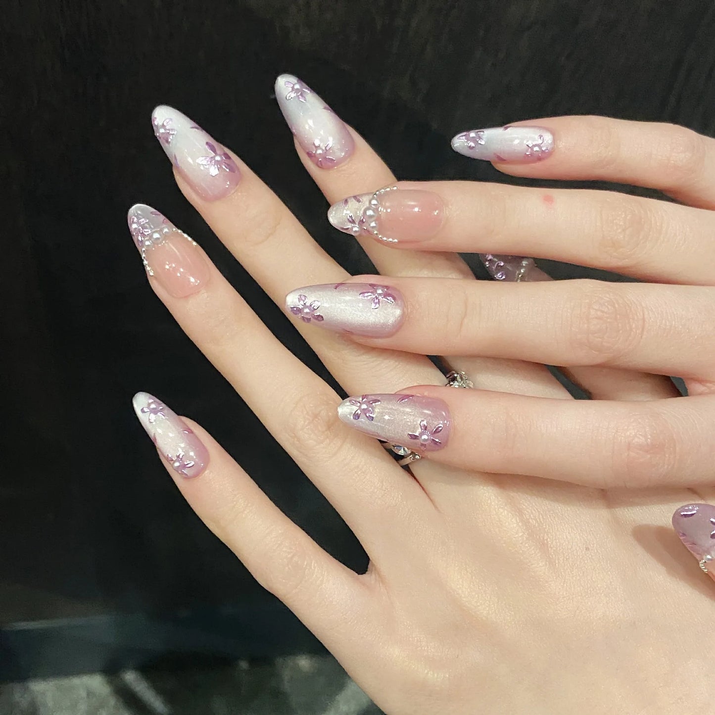 10pcs Handmade Purple Cat Eye Press on Nails Summer Flowers Pearl Design Fake Nails Wearable Detachable Glitter False Nail Tips