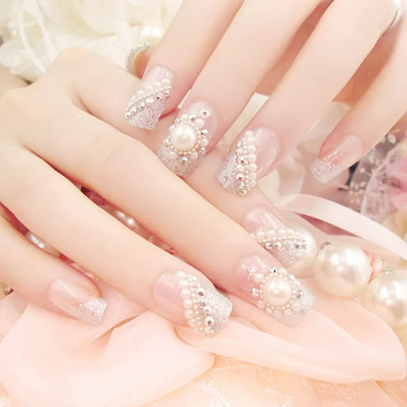 24PCS/Sets Wedding Bride Fake Nails Glitter Crystal Pearl Rhinestone Nail Patch Full Nail Tips Fingernail Women Nail Art Tips