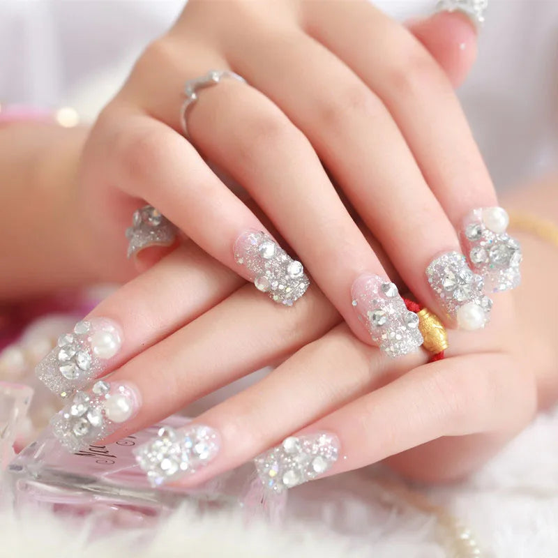 24PCS/Sets Wedding Bride Fake Nails Glitter Crystal Pearl Rhinestone Nail Patch Full Nail Tips Fingernail Women Nail Art Tips