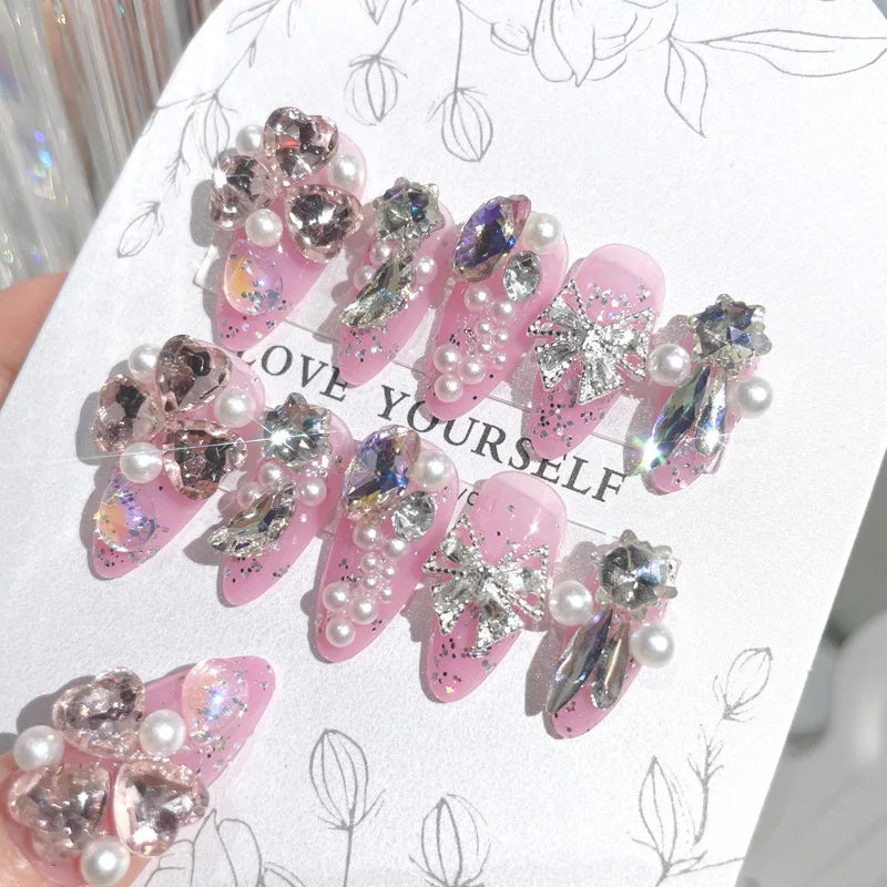 24PCS/Sets Wedding Bride Fake Nails Glitter Crystal Pearl Rhinestone Nail Patch Full Nail Tips Fingernail Women Nail Art Tips