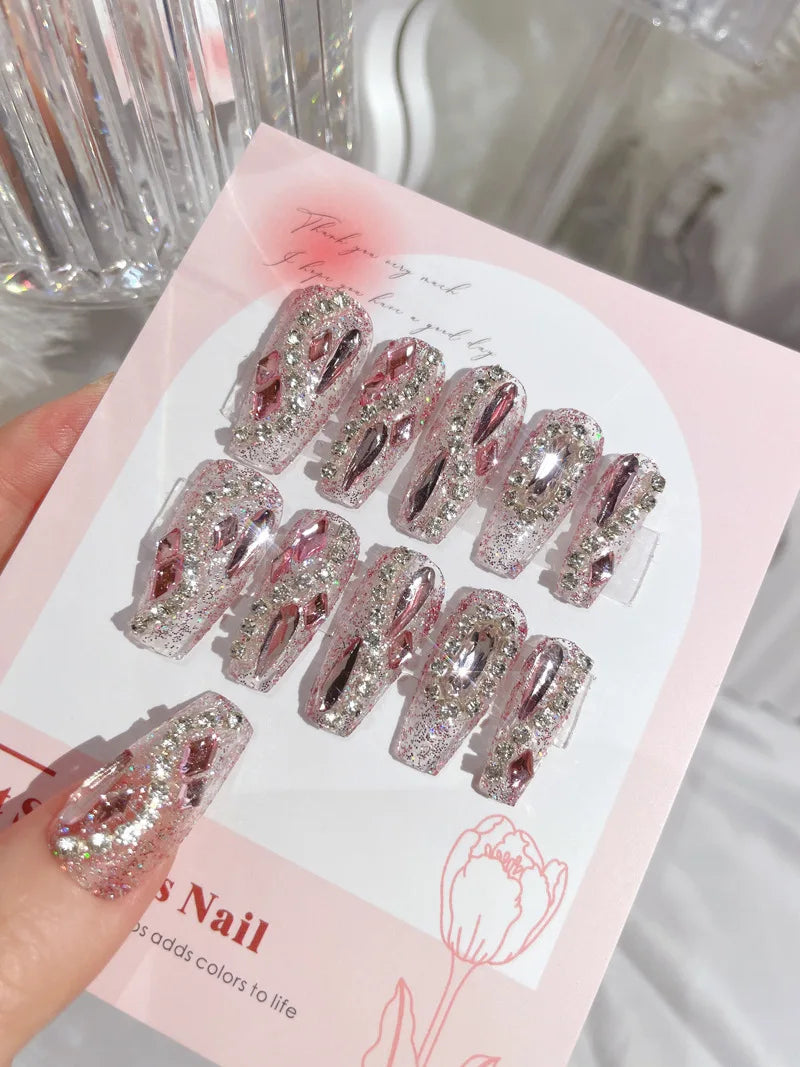 24PCS/Sets Wedding Bride Fake Nails Glitter Crystal Pearl Rhinestone Nail Patch Full Nail Tips Fingernail Women Nail Art Tips