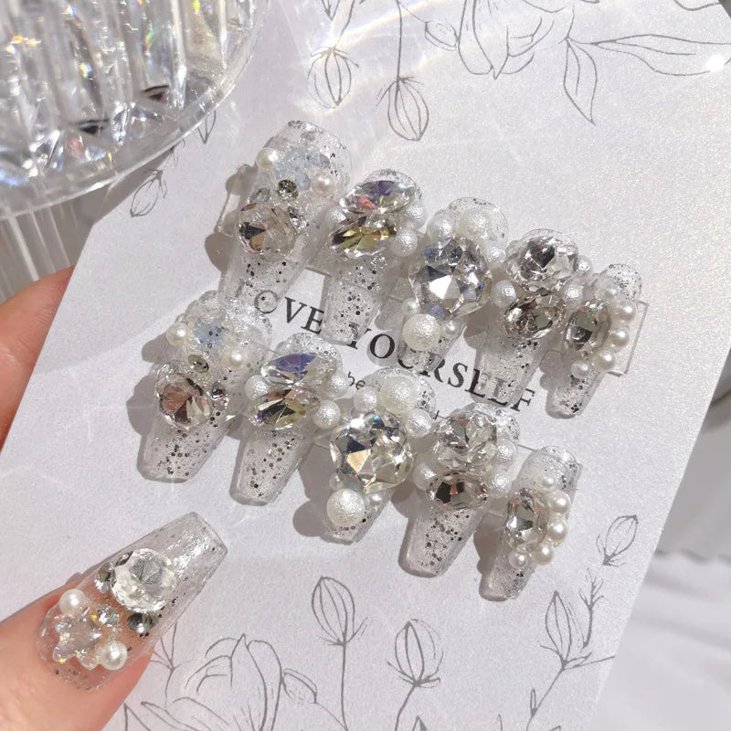 24PCS/Sets Wedding Bride Fake Nails Glitter Crystal Pearl Rhinestone Nail Patch Full Nail Tips Fingernail Women Nail Art Tips