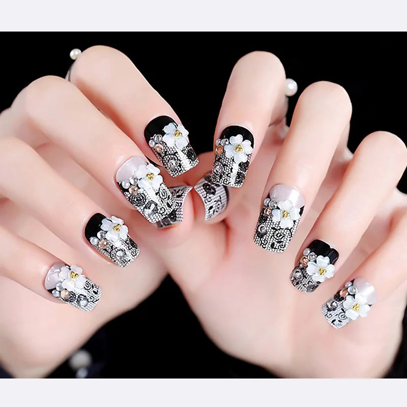 24PCS/Sets Wedding Bride Fake Nails Glitter Crystal Pearl Rhinestone Nail Patch Full Nail Tips Fingernail Women Nail Art Tips
