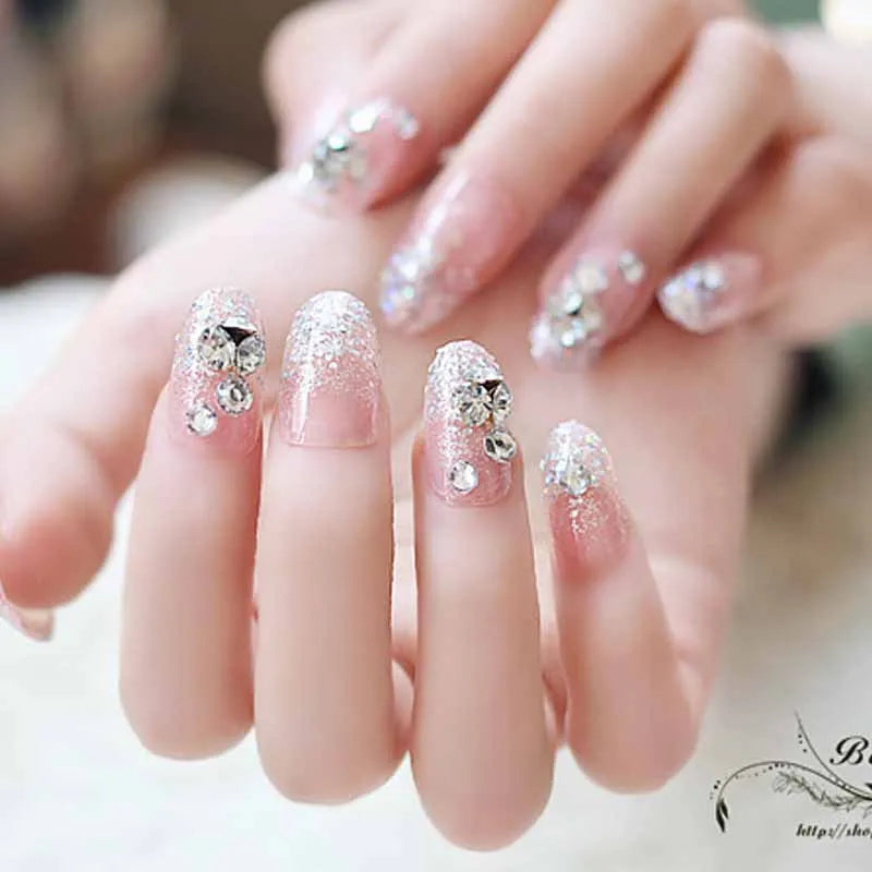 24PCS/Sets Wedding Bride Fake Nails Glitter Crystal Pearl Rhinestone Nail Patch Full Nail Tips Fingernail Women Nail Art Tips