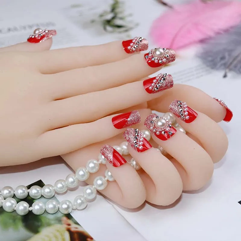 24PCS/Sets Wedding Bride Fake Nails Glitter Crystal Pearl Rhinestone Nail Patch Full Nail Tips Fingernail Women Nail Art Tips