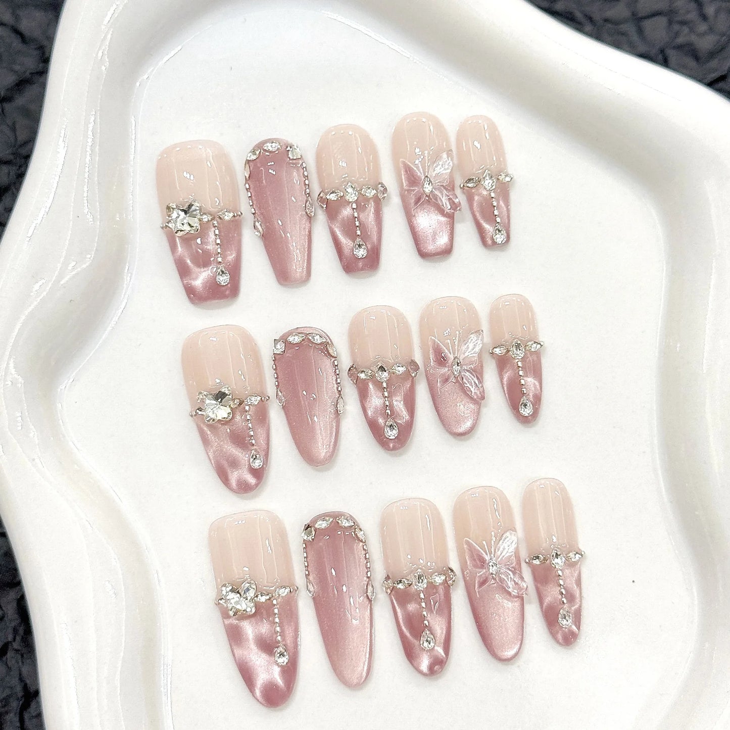 10pcs Handmade Press on Nails Pink Butterfly Design Fake Nails Wearable Reusable Glitter Cat Eye Sweet Korean False Nail Tips