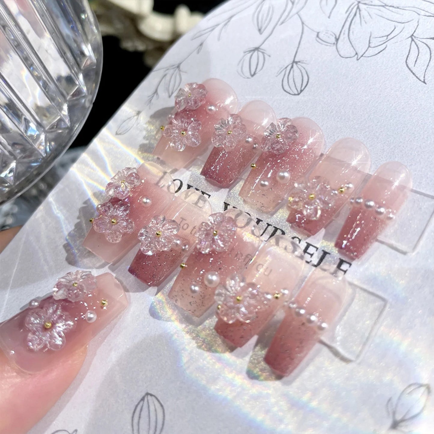 Medium Length Fake Nails 3D Flower Pearl Design Nude Pink Color Press On Nails Ballerina False Nail For Women DIY Manicure 24Pcs