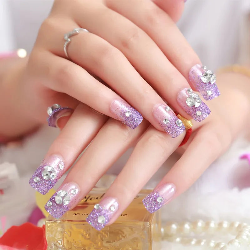 24PCS/Sets Wedding Bride Fake Nails Glitter Crystal Pearl Rhinestone Nail Patch Full Nail Tips Fingernail Women Nail Art Tips