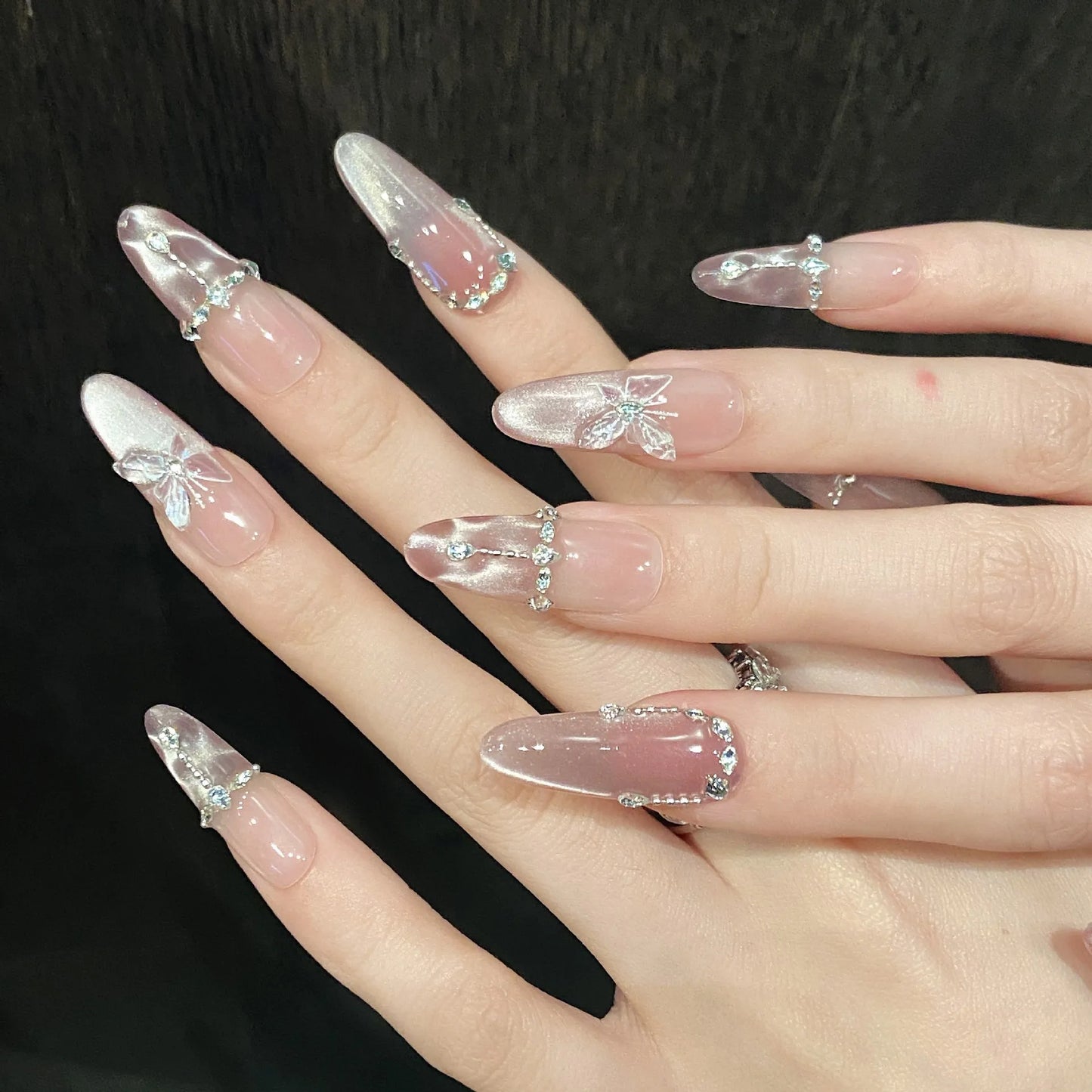 10pcs Handmade Press on Nails Pink Butterfly Design Fake Nails Wearable Reusable Glitter Cat Eye Sweet Korean False Nail Tips